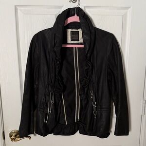 Marithe Francois Girbaud Black Leather Ruffled Front Jacket fr42 medium